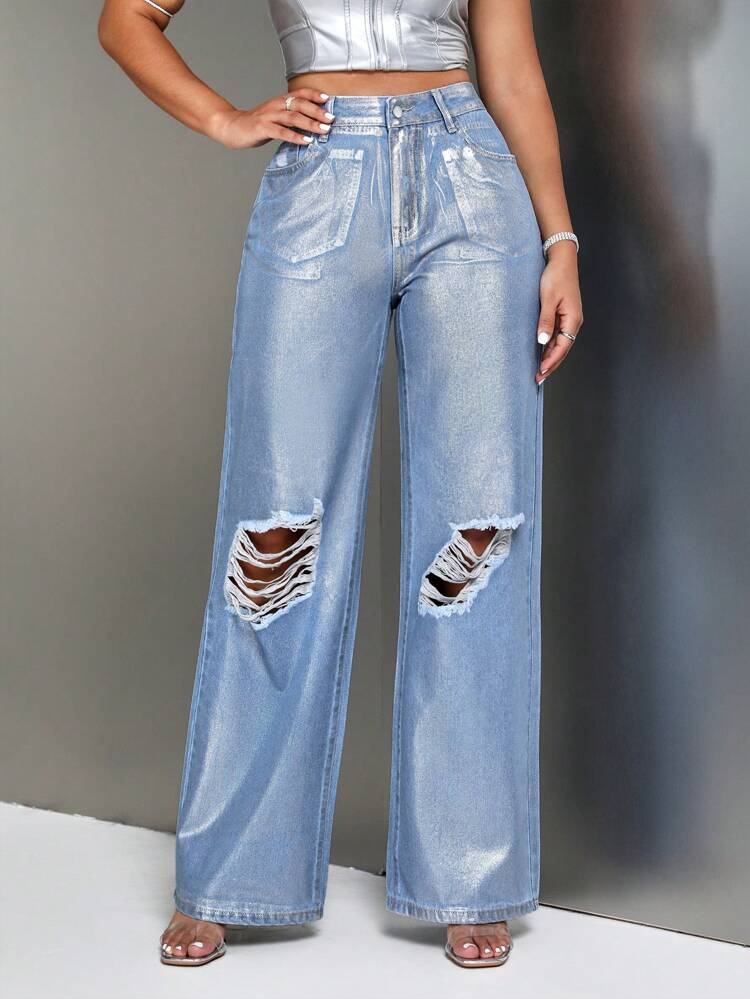High Waist Ripped Wide Leg Jeans