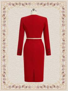 Vintamour 2pcs/Set Vintage Elegant Ladies Sweetheart Neck Long Sleeve Single-Breasted Blouse And Midi Skirt Set, Christmas - Red - View 4