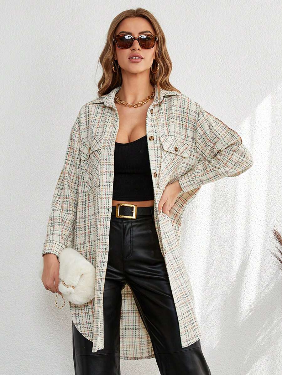 EURMUSE Plaid Print Drop Shoulder Flap Pocket Button Front Coat - Multicolor - View 1