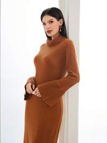 Modelyn Funnel Neck Flounce Sleeve Sweater Dress Without Belt Fall Cloth For Women - Camel - View 4