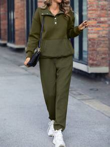 SHEIN LUNE Kangaroo Pocket Drop Shoulder Sweatshirt & Sweatpants - Army Green - View 1