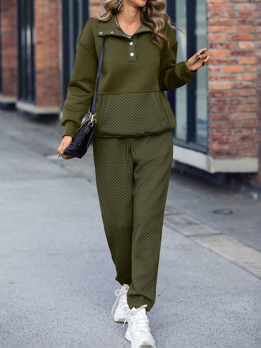 SHEIN LUNE Kangaroo Pocket Drop Shoulder Sweatshirt & Sweatpants - Army Green - View 1