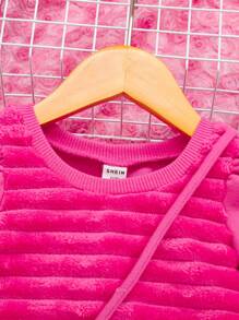SHEIN 女嬰素色泡泡袖衛衣洋裝附包 - 粉色 - 查看 3