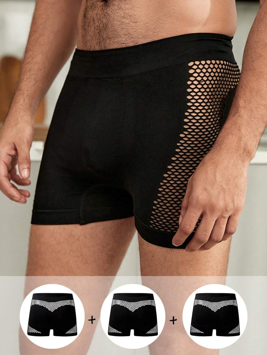 Men Hollow Out Solid Trunks ,3 Pcs - Black - View 1