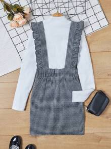 RueChic Tween Girl Mock Neck Tee & Houndstooth Print Ruffle Trim Overall Dress - Black and White - View 2