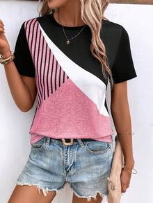 SHEIN LUNE Striped Print Colorblock Tee - Pink - View 5
