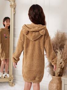 SHEIN Cô gái Tween Thêu Hoạt hình Thiết kế tai 3D áo có mũ Flannel Đầm nỉ - Cà phê nâu - Xem 5