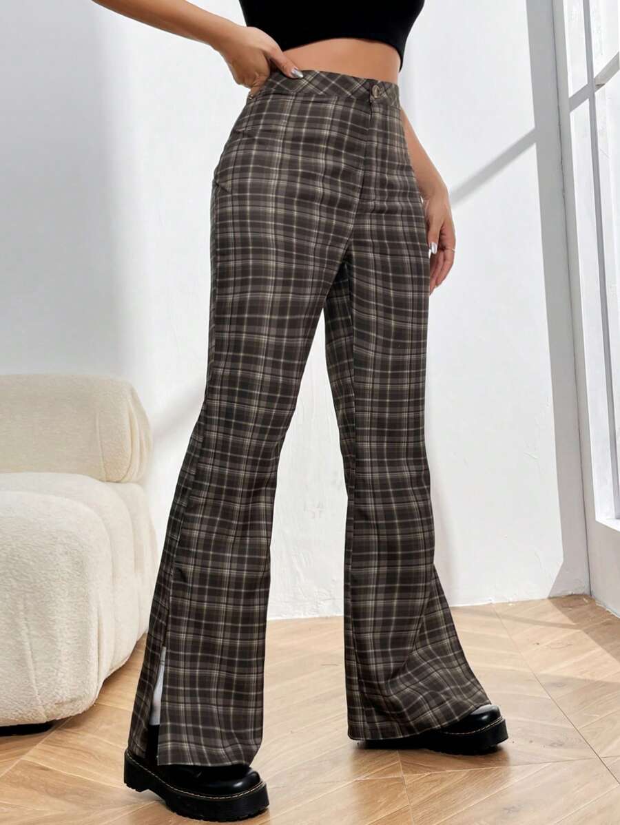 SHEIN Unity Plaid Split Hem Flare Leg Pants - Army Green - View 1
