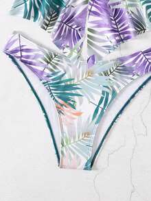 女士夏季海滩随机植物印花褶饰胸围吊带分体泳衣 - 彩色 - 查看 7