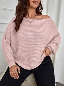 SHEIN LUNE Áo len nữ cỡ lớn màu trơn cổ thuyền tay cánh dơi, kiểu dáng đơn giản và thanh lịch cho mùa thu/đông. - Hồng - Xem 4