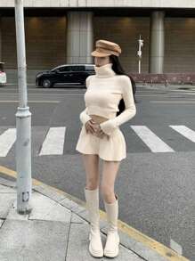 DAZY Solid High Neck Crop Sweater & Ribbed Knit Skirt,Fall Clothes - Yellow - View 6