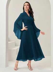 Modelyn Surplice Neck Flounce Sleeve Ruched Waist Dress Long Evening Dresses - Teal Blue - View 5
