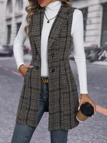 SHEIN Essnce In kẻ sọc Đôi ngực Áo vest - Màu Khaki - Xem 1