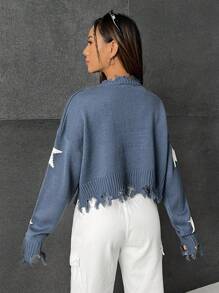 SHEIN Coolane Hình sao Đau khổ Thả vai Áo len - Màu xanh lam - Xem 2
