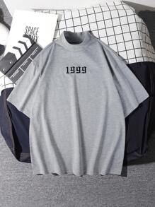 Manfinity Camiseta Holgada De Hombre Con Cuello Simulado Y Gráfico De Letras - Gris Claro - Ver 1