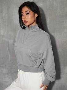 SHEIN Unity Áo nỉ cổ lửng tay trễ vai, kiểu dáng mùa thu. - Xám - Xem 3