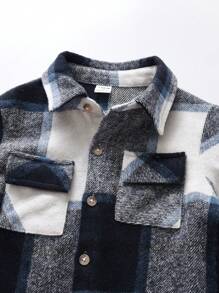 SHEIN 男小童格紋印花翻蓋口袋襯衫不帶T恤 - 寶藍色 - 查看 5