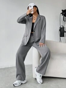SHEIN Unity Solid Button Front Blazer & Wide Leg Pants - Grey - View 1
