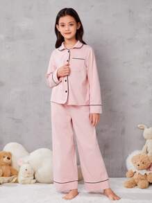 SHEIN Chica preadolescente Conjunto de pijama unido en contraste con botón delantero - Rosa - Ver 4