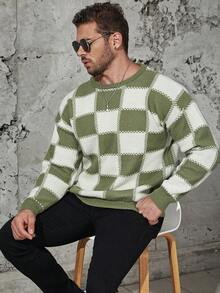 Manfinity Homme Men Plus Checker Pattern Drop Shoulder Sweater - Green - View 5