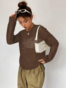SHEIN Unity 素色鏤空針織落肩袖套頭毛衣 - 棕色 - 查看 6