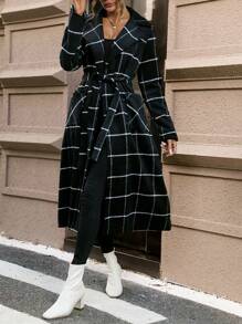 SHEIN Unity Plaid Print Belted Overcoat - Black - View 5