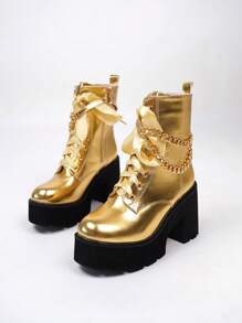 女士黑色休闲度假简约坡跟厚底踝靴，秋冬款 - 金色 - 查看 4