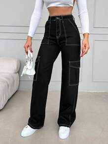 RueChic High Waist Top-stitching Flap Pocket Side Cargo Jeans - Black - View 5