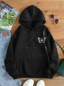 SHEIN LUNE 蝴蝶和雛菊圖案袋鼠口袋抽繩加絨內裏連帽衫