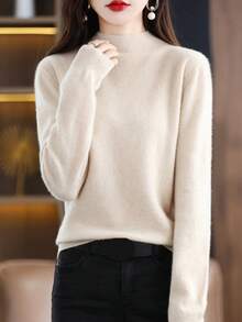 100% Merino Wool Women Sweater, Soft & Warm, Turtleneck Pullover, Autumn/Winter, Seamless One-Piece Design - Apricot - View 5