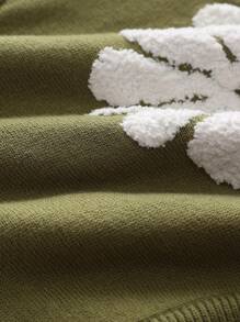 Teen Girl Floral Pattern Drop Shoulder Sweater - Olive Green - View 7