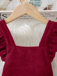 SHEIN 女小童荷葉邊燈芯絨背帶洋裝 - 酒紅色 - 查看 5