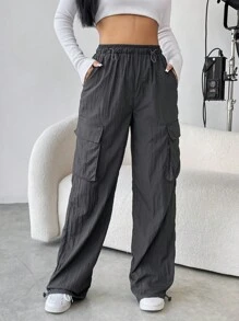 SHEIN Unity 側翻蓋口袋腰部抽繩工裝褲 - 深灰色 - 查看 4