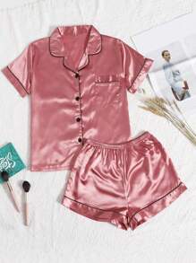 LuxeNights Contrast Piping Satin PJ Set / Pajama Set, Fall Winter Clothes - Watermelon Pink - View 4