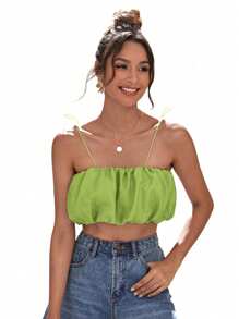 SHEIN VCAY Top de tirantes unicolor pecho con fruncido - Verde - Ver 3