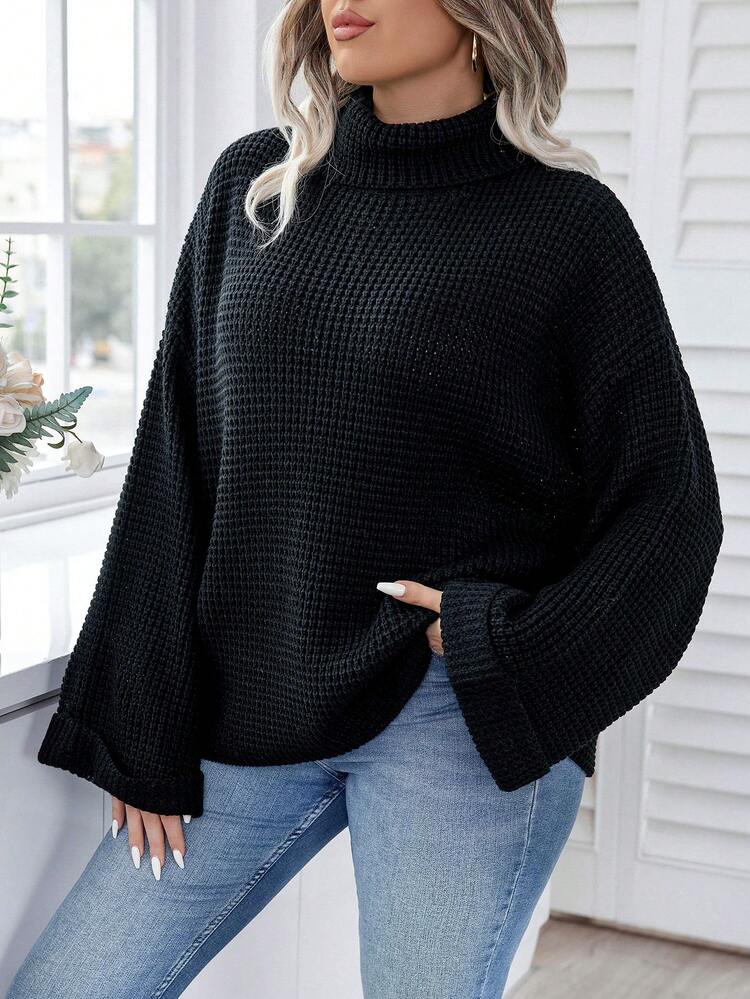 Plus Turtleneck Drop Shoulder Waffle Knit Sweater, For Winter Knit Pullover Fall Autumn