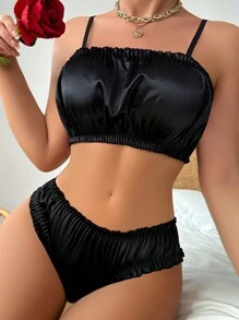Frill Trim Satin Lingerie Set - Black - View 1