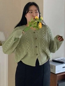 Dazy Petite Plus Cable Knit Drop Shoulder Cardigan - Green - View 4