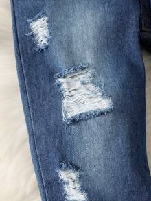 Young Boy Plaid Print Hooded Shirt & Ripped Frayed Jeans - Black - View 6