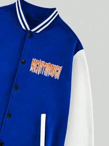 ROMWE MEN Street Life 男士標語和汽車印花帶條紋修飾落肩運動夾克 - 藍色 - 查看 4