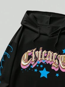 ROMWE MEN Prep Nam Ngôi sao & Đồ họa Chữ cái Dây rút Hoodie - màu đen - Xem 4