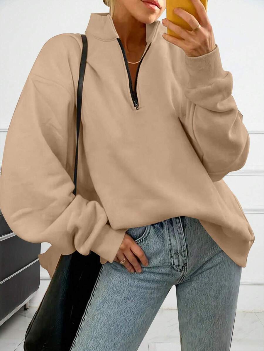 INAWLY 1 Miếng Một nửa khóa kéo Thả vai Áo nỉ - Màu Khaki - Xem 1