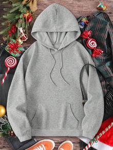 SHEIN EZwear 加大码圣诞印花袋鼠口袋抽绳保暖卫衣 - 灰色 - 查看 2