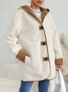 SHEIN Unity Contrast Binding Hooded Teddy Duffle Coat Fall Cloth For Women - White - View 5