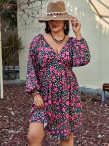 SHEIN VCAY Hơn In hoa Buộc lại Đầm - Nhiều màu - Xem 3