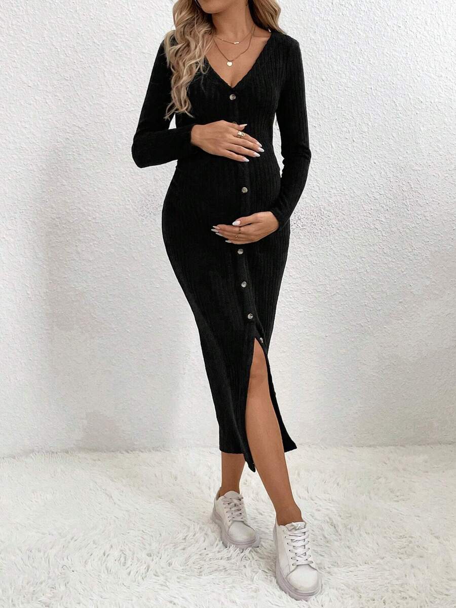 SHEIN Maternity Casual Commuter Solid Color Front Button Dress - Black - View 1