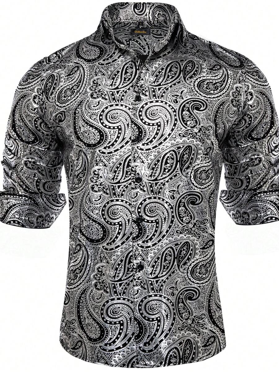 Nam In hoa Paisley Nút Lên Áo sơ mi - Đen và trắng - Xem 1