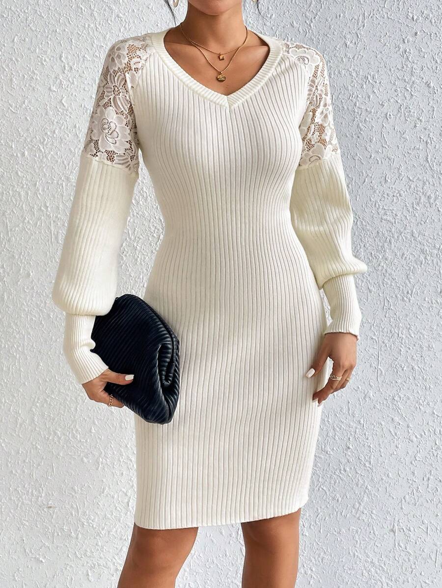 SHEIN Frenchy Ren tương phản Tay áo lồng đèn Đồ đan Ribbed Váy len bó sát - Màu be - Xem 1