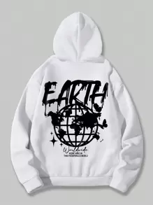ROMWE MEN Street Life Men Slogan Graphic Drawstring Thermal Lined Hoodie - White - View 1