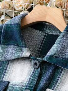 SHEIN LUNE Plus Plaid Print Drop Shoulder Flap Pocket Coat - Blue - View 3